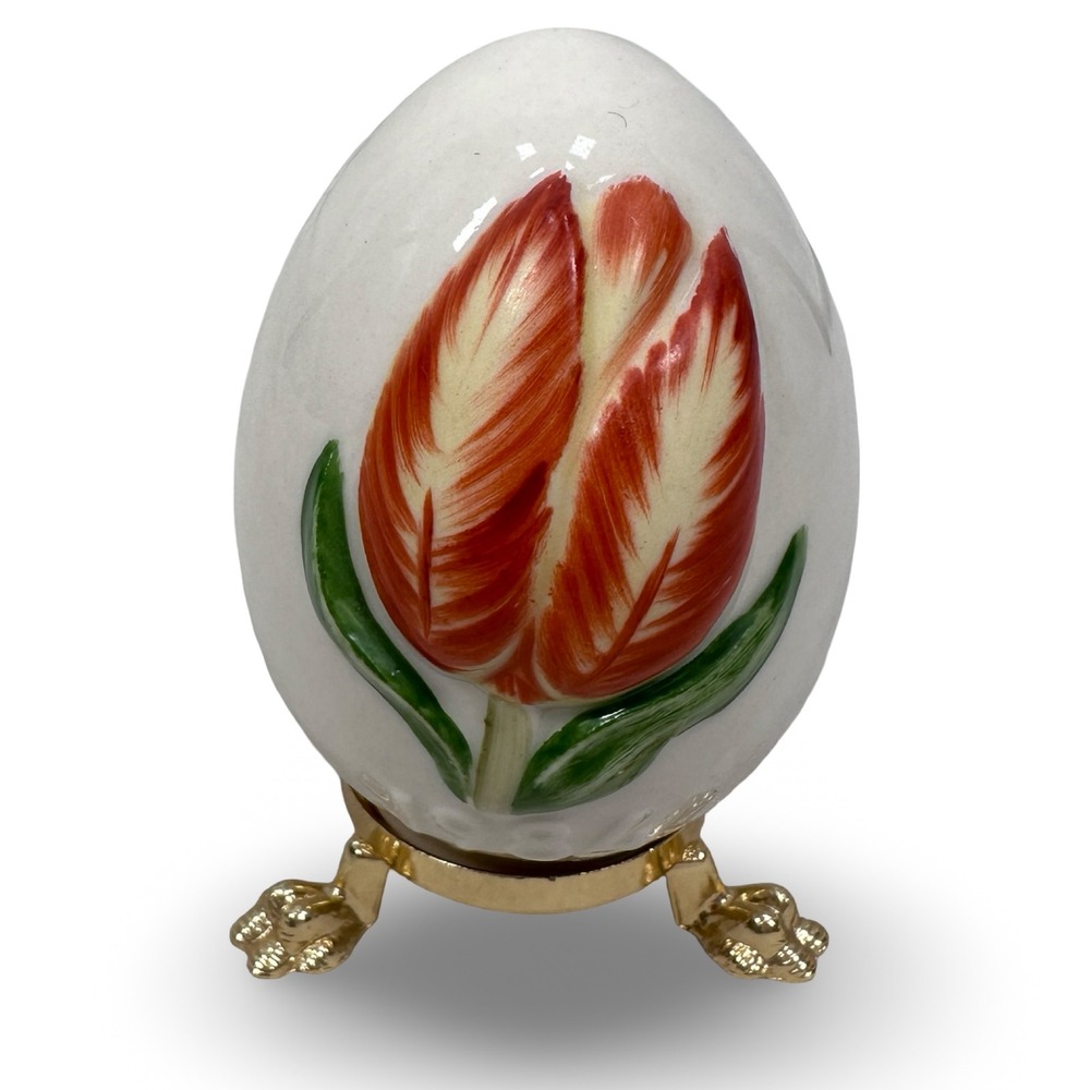 Goebel 1984 Annual Easter Egg Red Tulip West Germany Vintage with Gold Stand